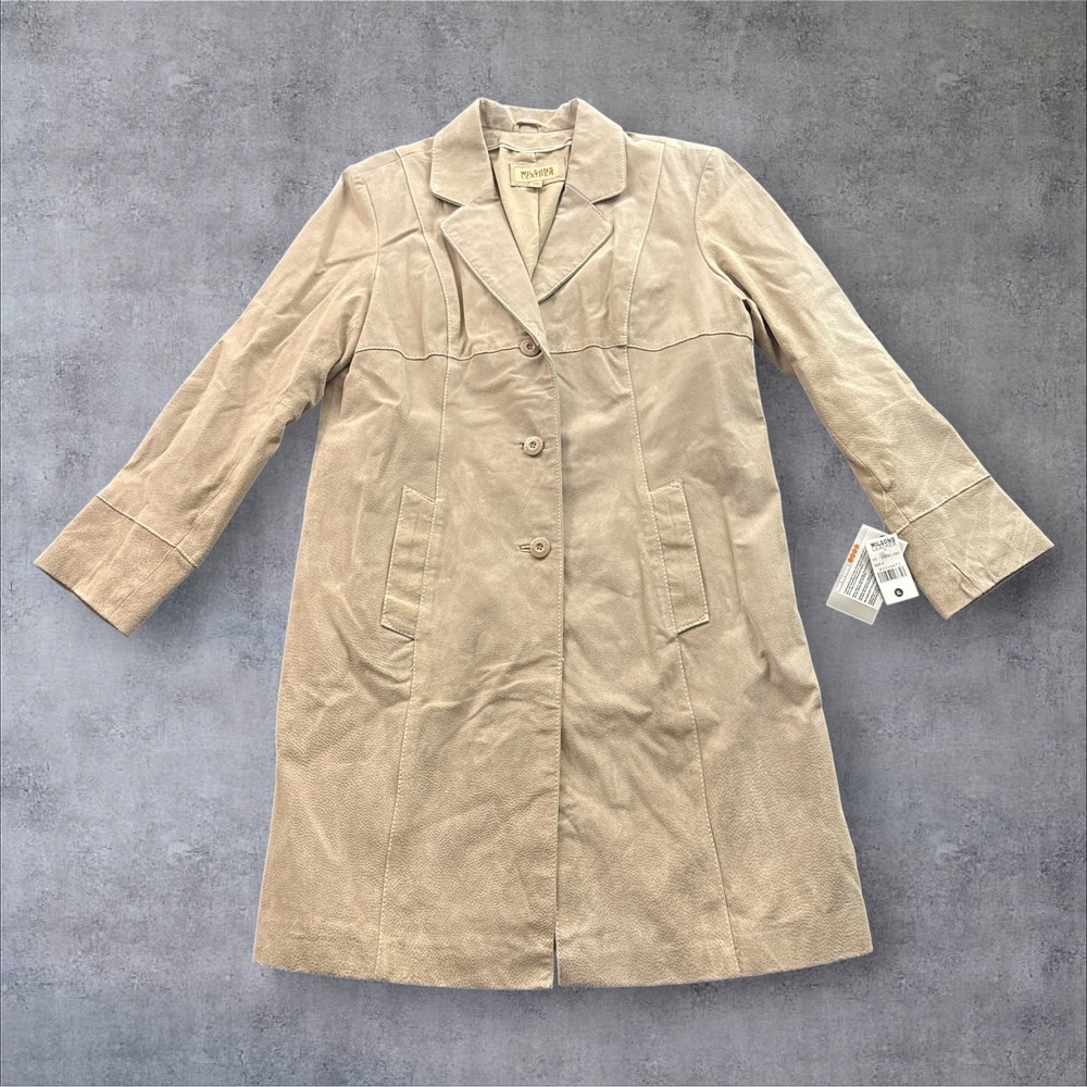 Wilsons Leather Maxima Suede Trench Coat Womens XL Tan Contrast Stitch Vtg Boho